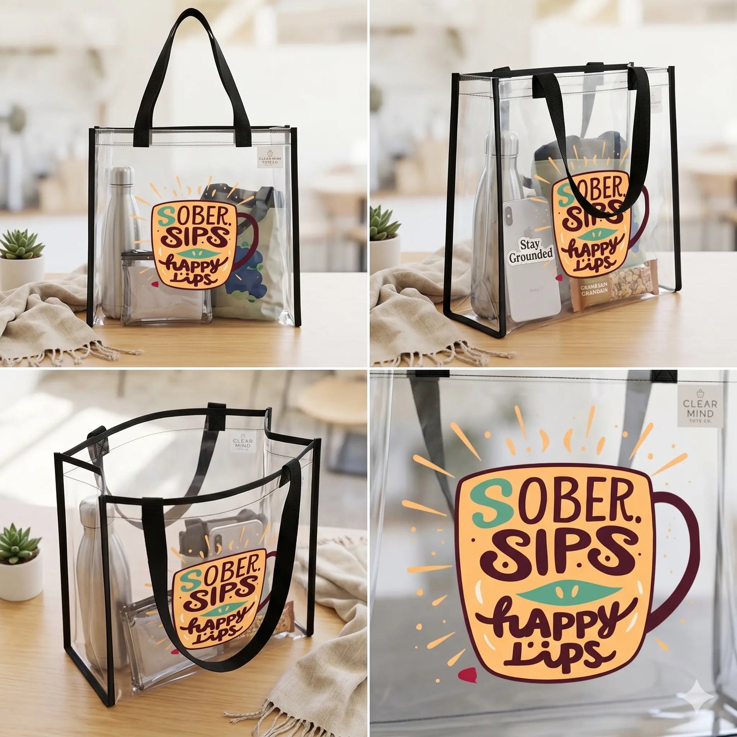 Clear Stadium Tote — "Sober Vibes Only / Sober Sips, Happy Lips" Transparent Tote - SoberSips Printify