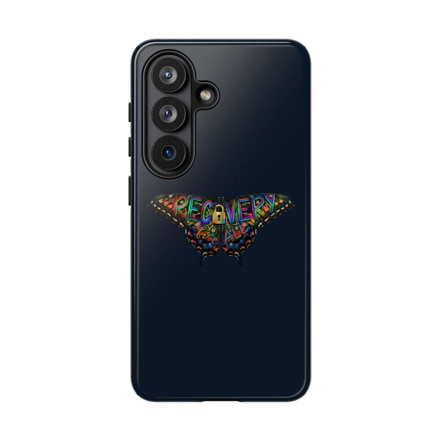 Black phone case with colorful butterfly design and 'RECOVERY' text on a white background