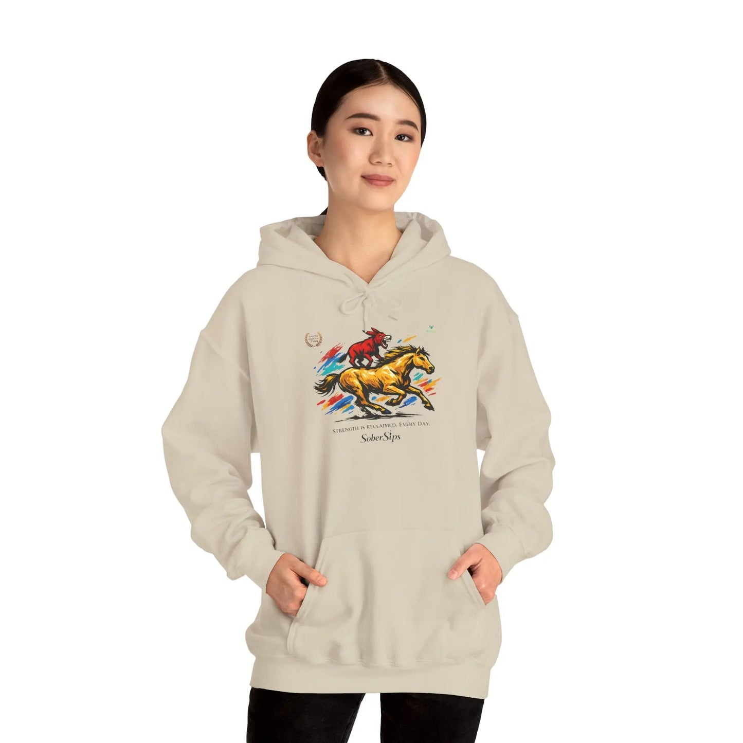 Horse Rider Graphic Hoodie — "SoberSips, Happy Lips" Coffee Backprint Printify