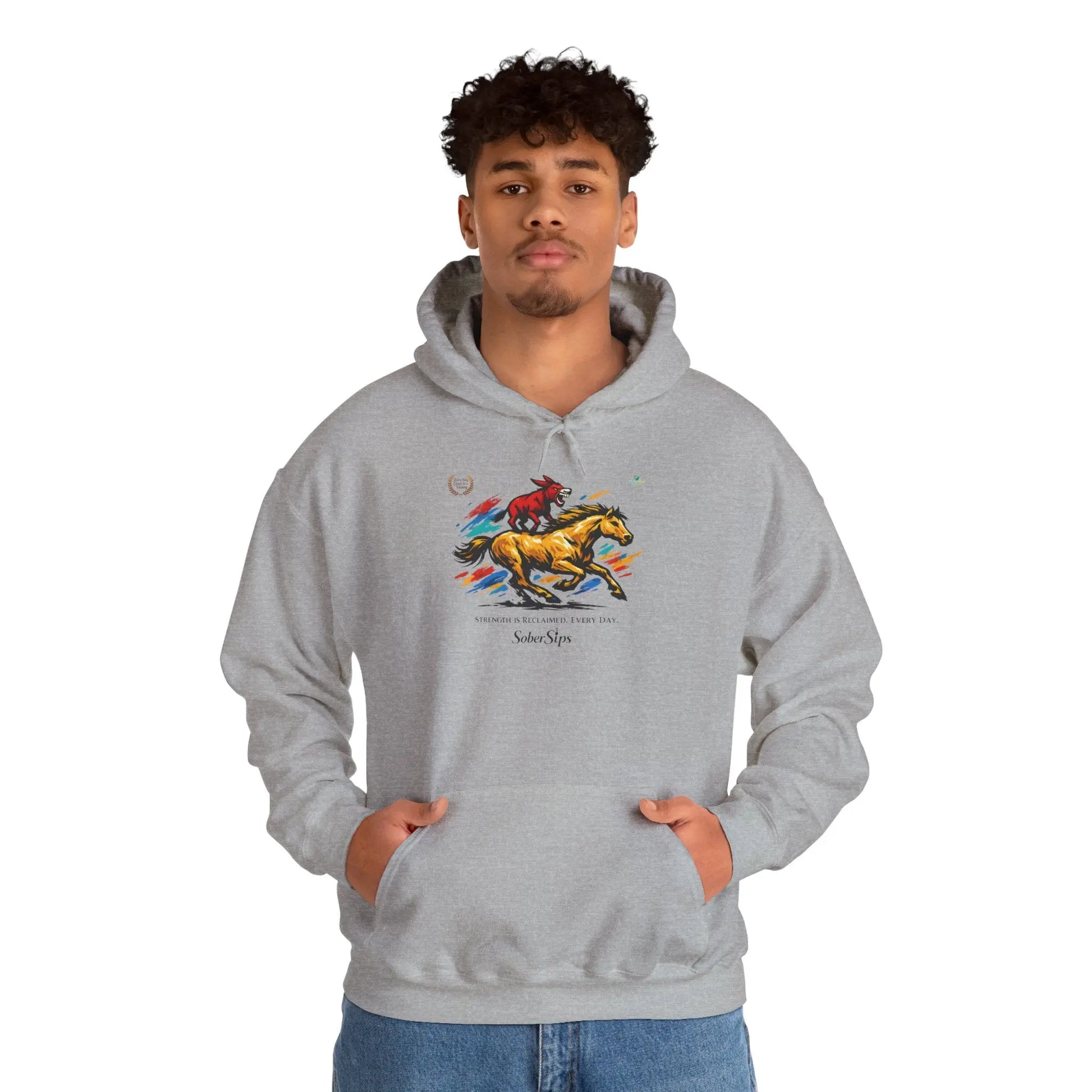 Horse Rider Graphic Hoodie — "SoberSips, Happy Lips" Coffee Backprint Printify