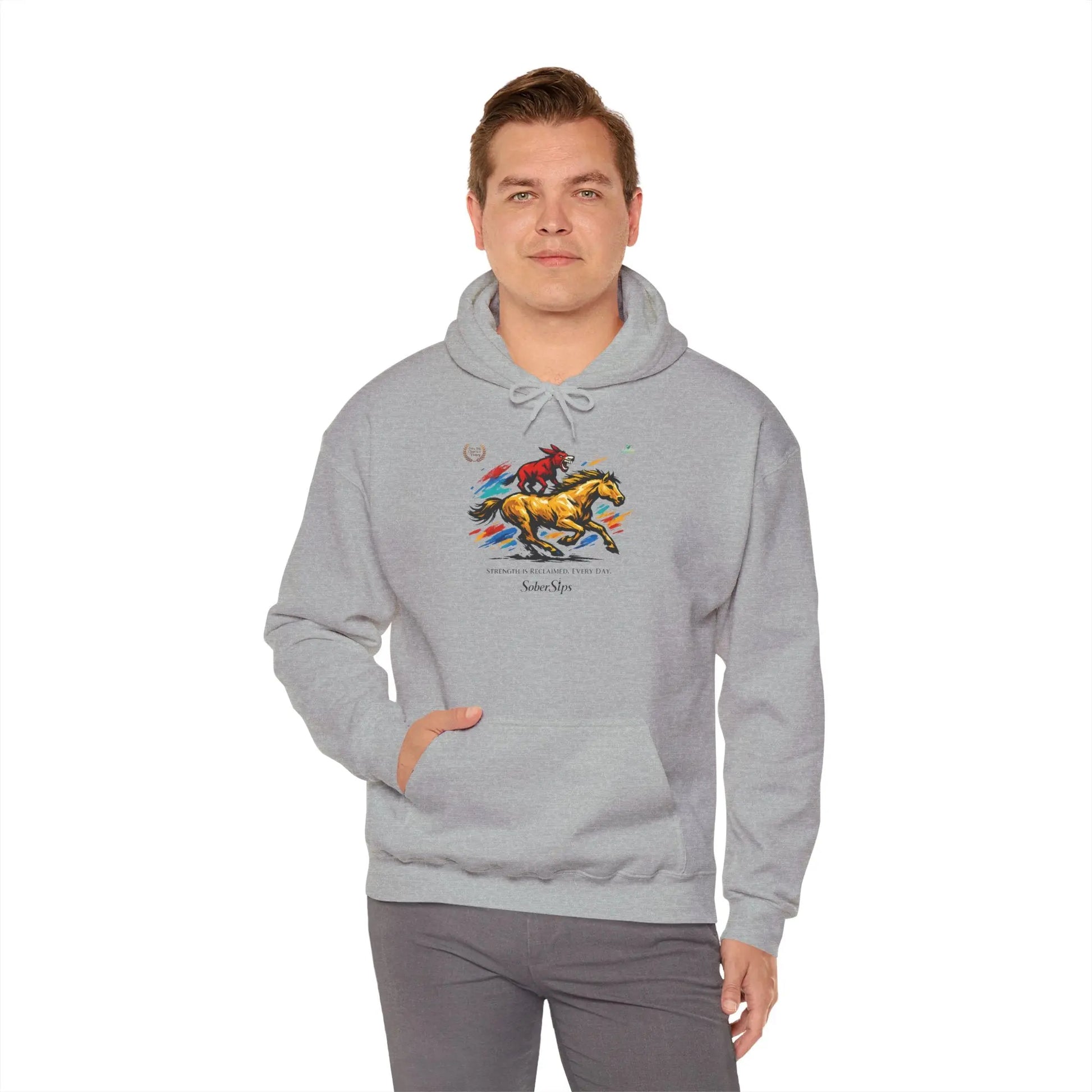 Horse Rider Graphic Hoodie — "SoberSips, Happy Lips" Coffee Backprint Printify