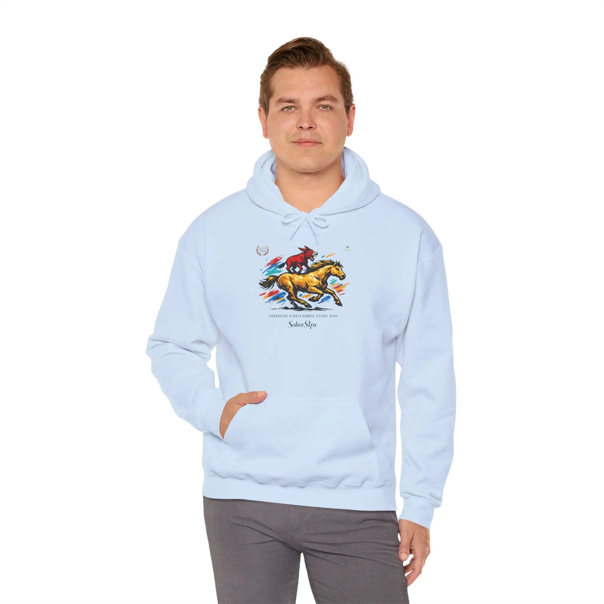 Horse Rider Graphic Hoodie — "SoberSips, Happy Lips" Coffee Backprint Printify