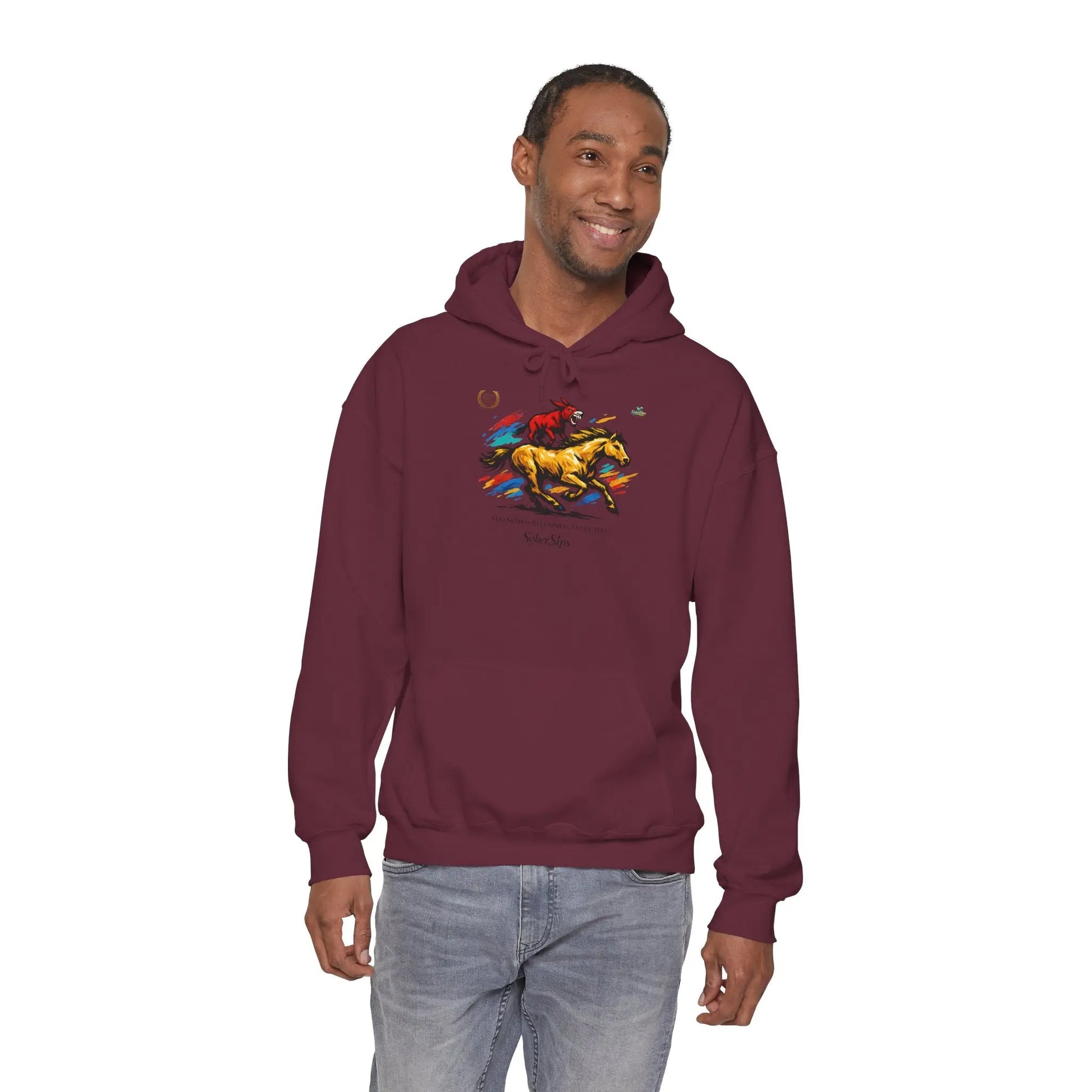Horse Rider Graphic Hoodie — "SoberSips, Happy Lips" Coffee Backprint Printify