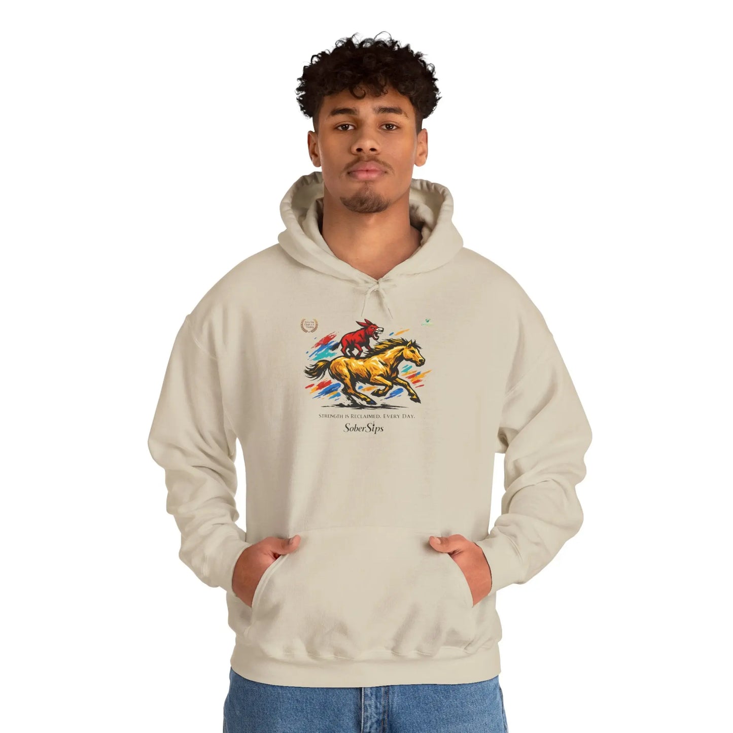 Horse Rider Graphic Hoodie — "SoberSips, Happy Lips" Coffee Backprint Printify