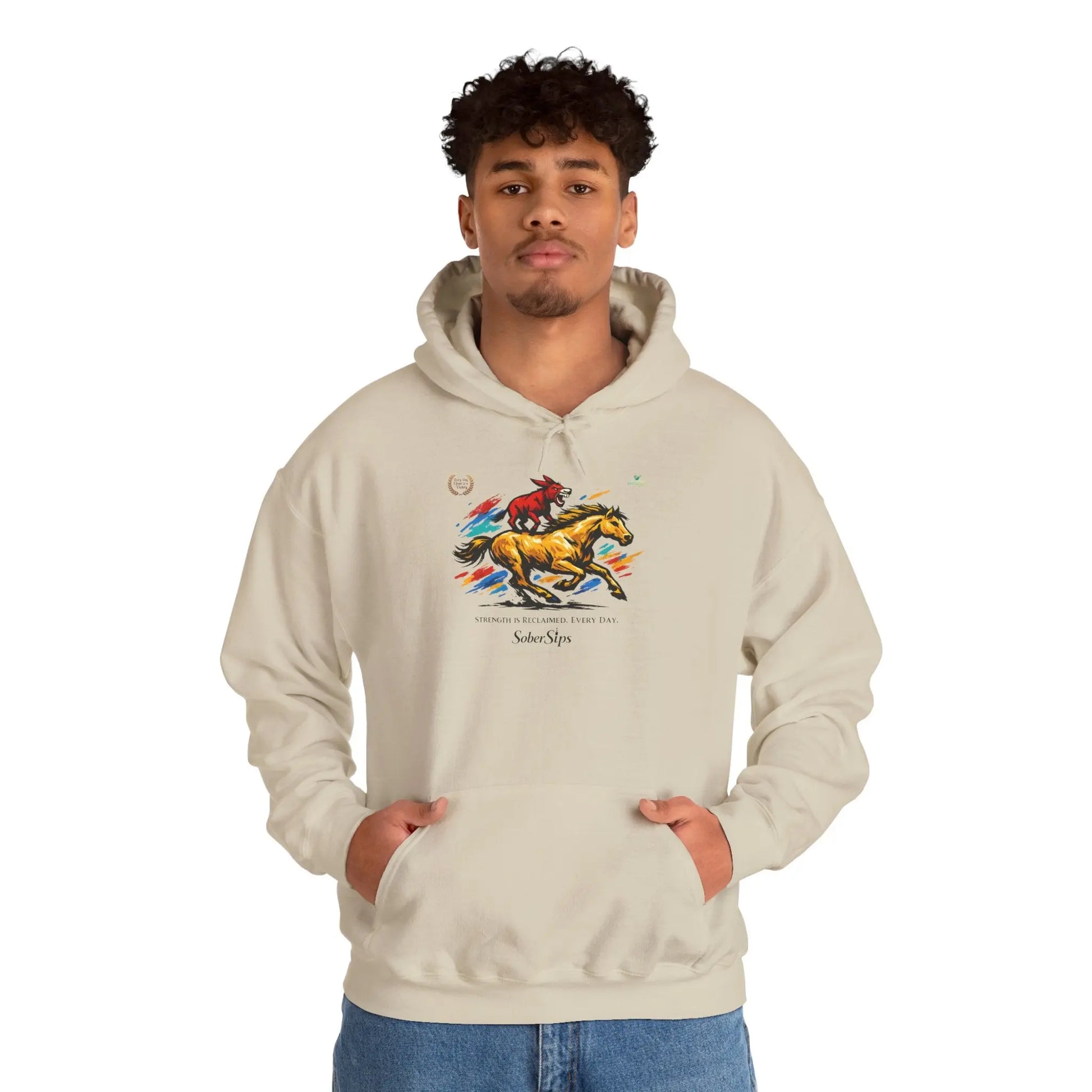 Horse Rider Graphic Hoodie — "SoberSips, Happy Lips" Coffee Backprint Printify