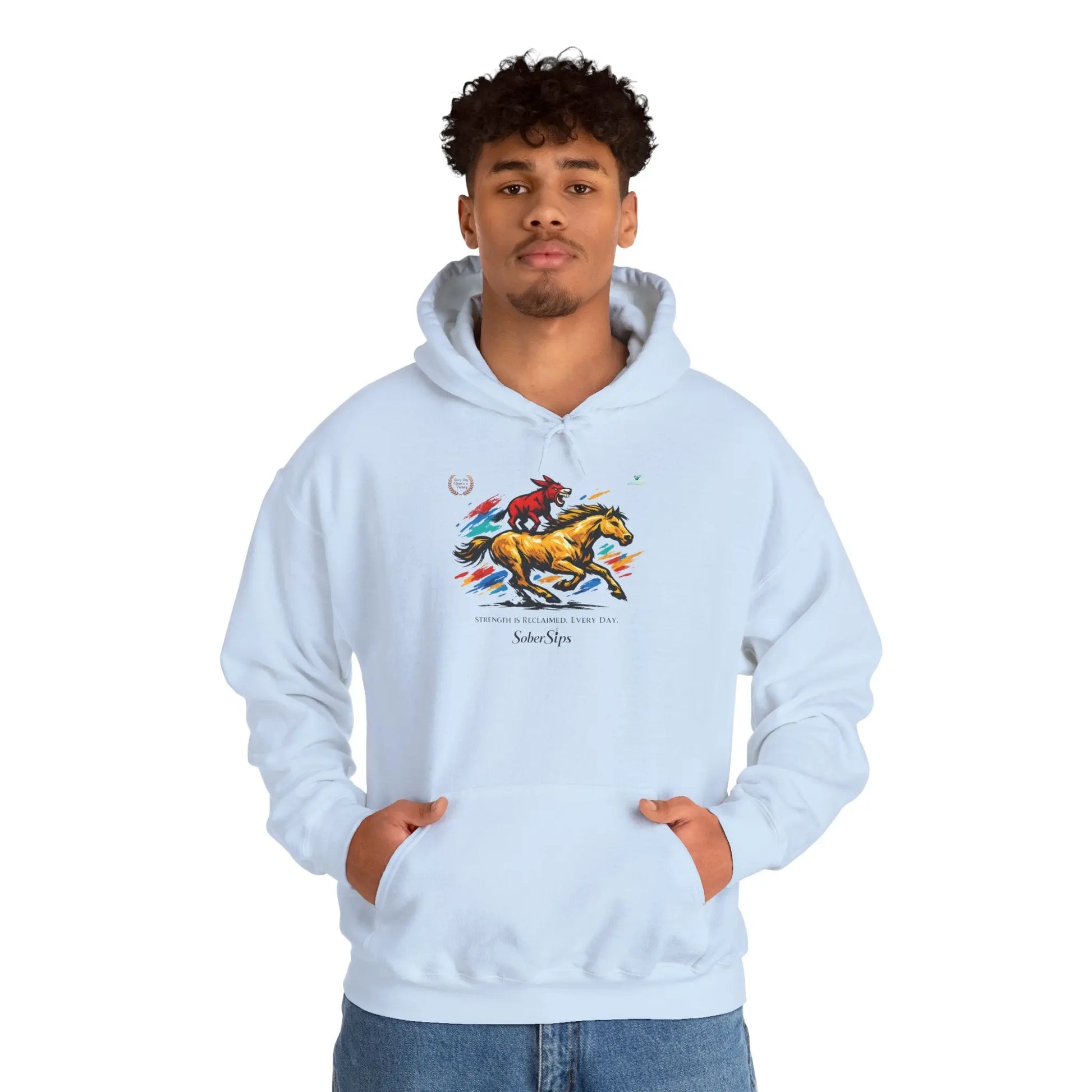 Horse Rider Graphic Hoodie — "SoberSips, Happy Lips" Coffee Backprint Printify