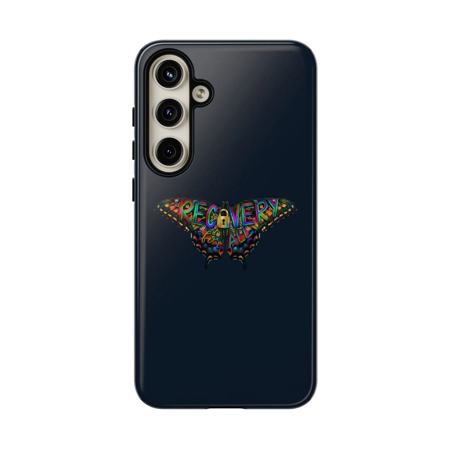 Phone case with colorful 'Recovery' design on a black background