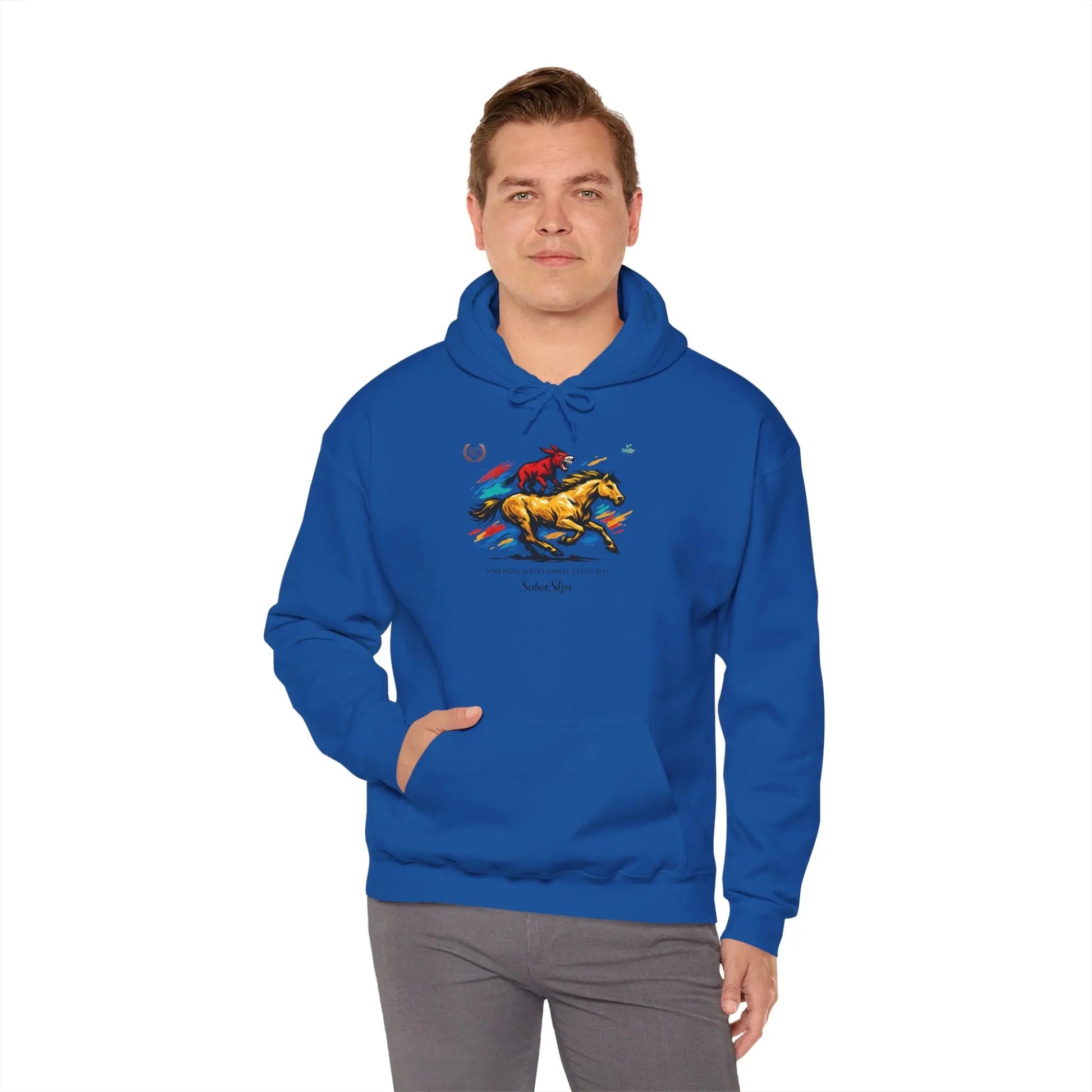 Horse Rider Graphic Hoodie — "SoberSips, Happy Lips" Coffee Backprint Printify
