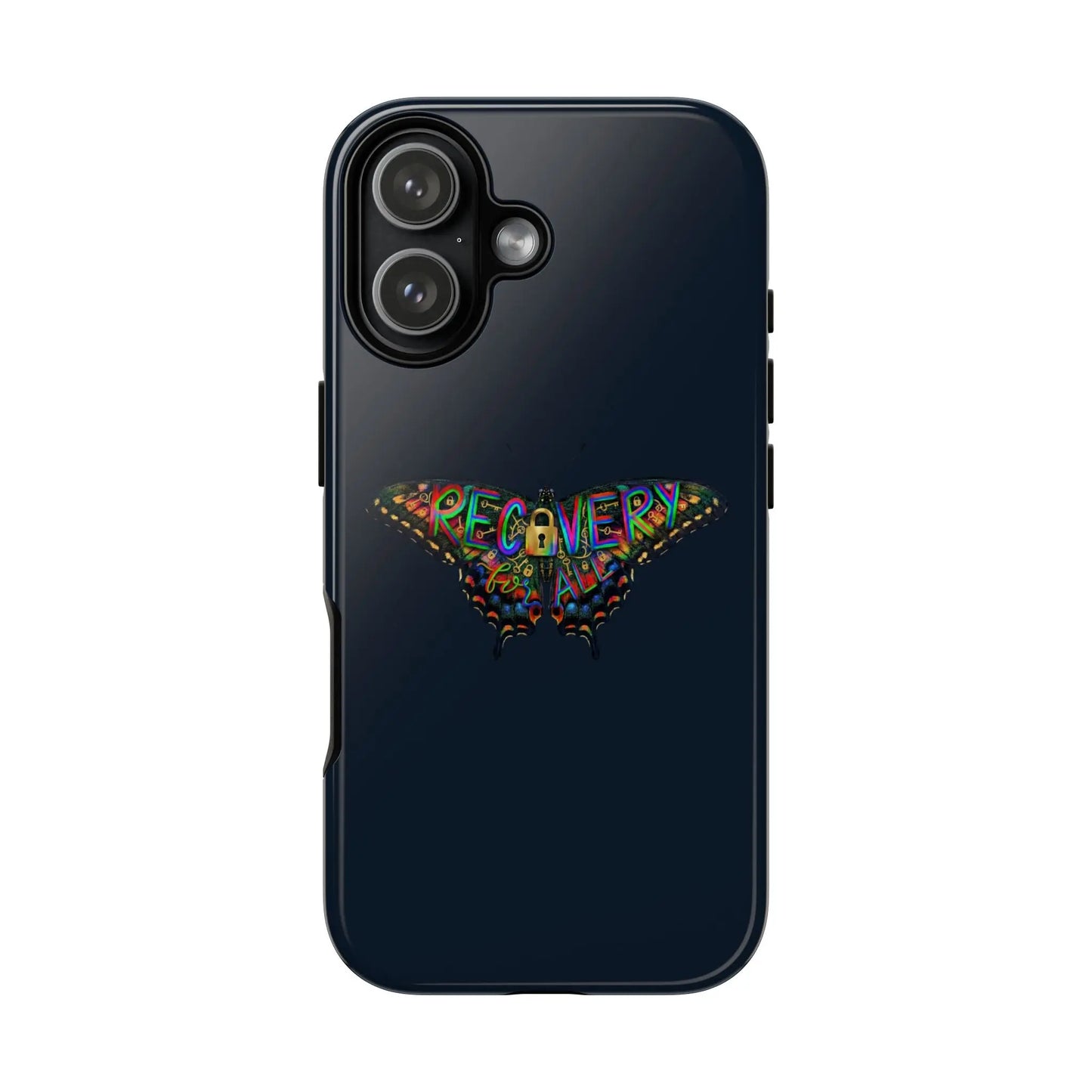 Black phone case with colorful 'Recovery' design on a white background