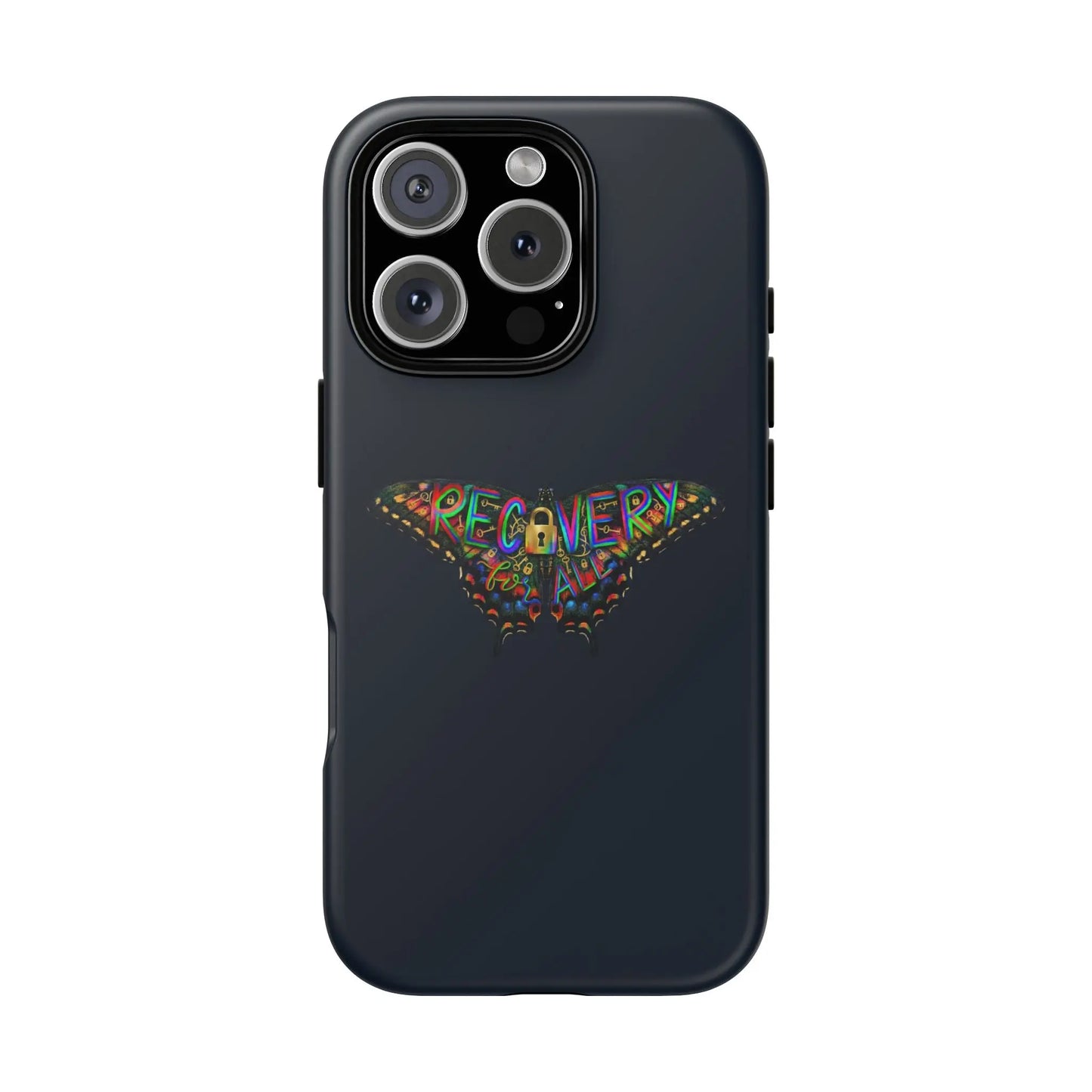 Black phone case with 'RECOVERY' design on a white background