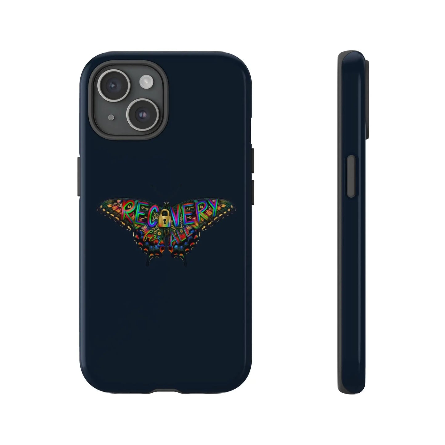 Phone case with colorful 'Recovery' design on a Imperial Navy background