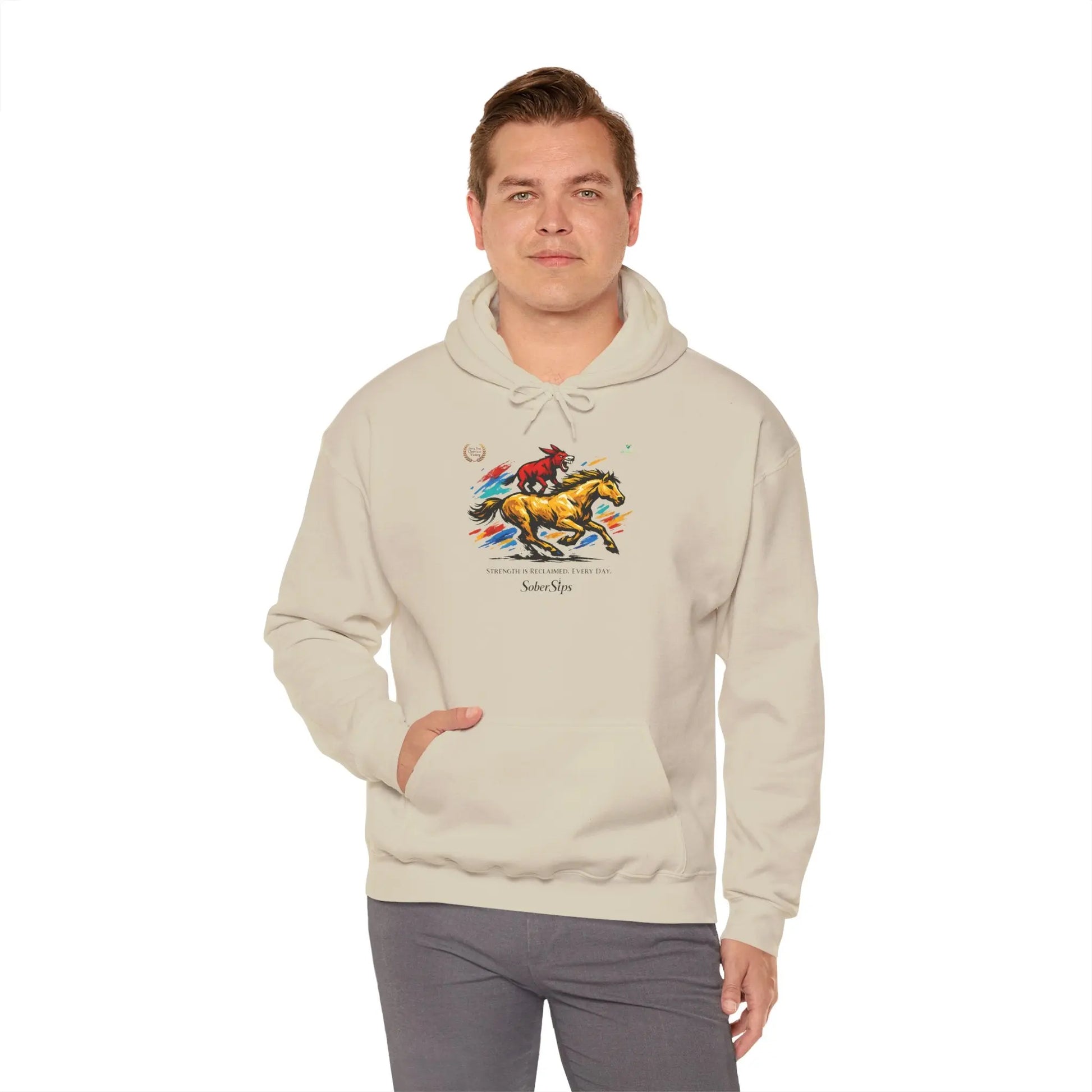 Horse Rider Graphic Hoodie — "SoberSips, Happy Lips" Coffee Backprint Printify