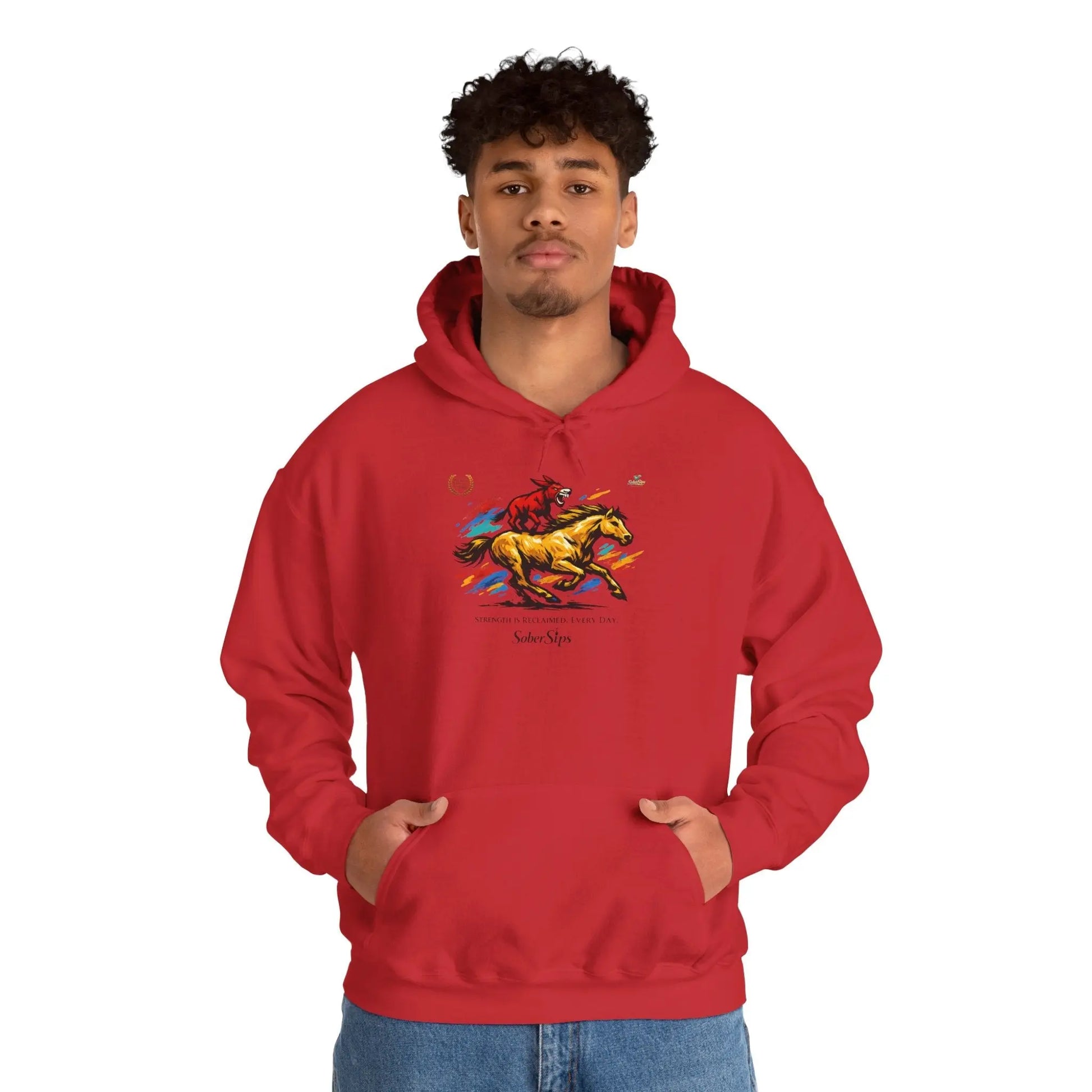Horse Rider Graphic Hoodie — "SoberSips, Happy Lips" Coffee Backprint Printify