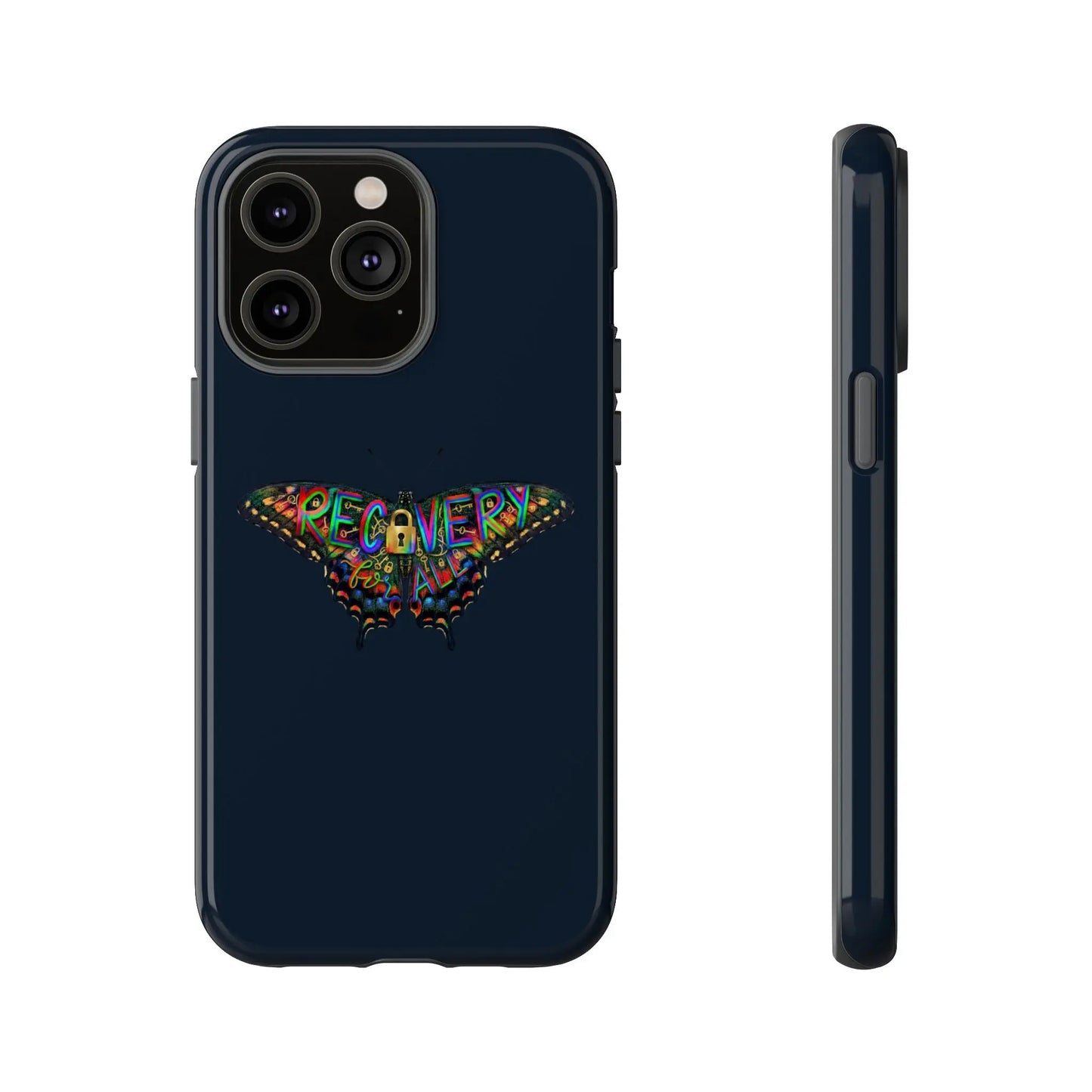 Phone case with colorful 'RECOVERY' design on a black background