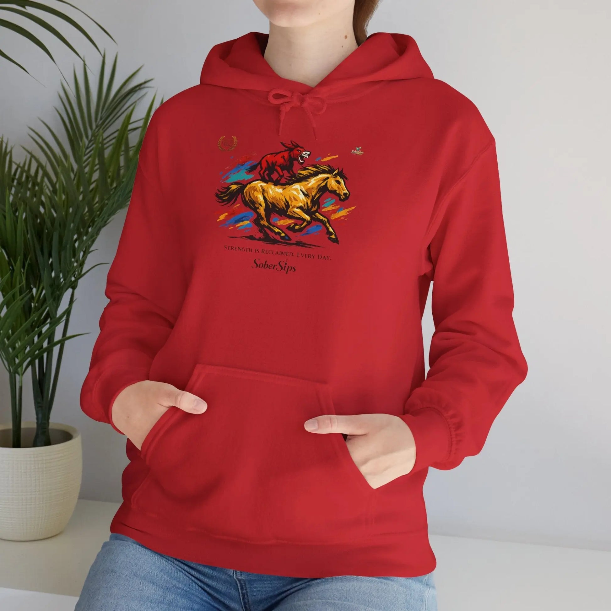 Horse Rider Graphic Hoodie — "SoberSips, Happy Lips" Coffee Backprint Printify
