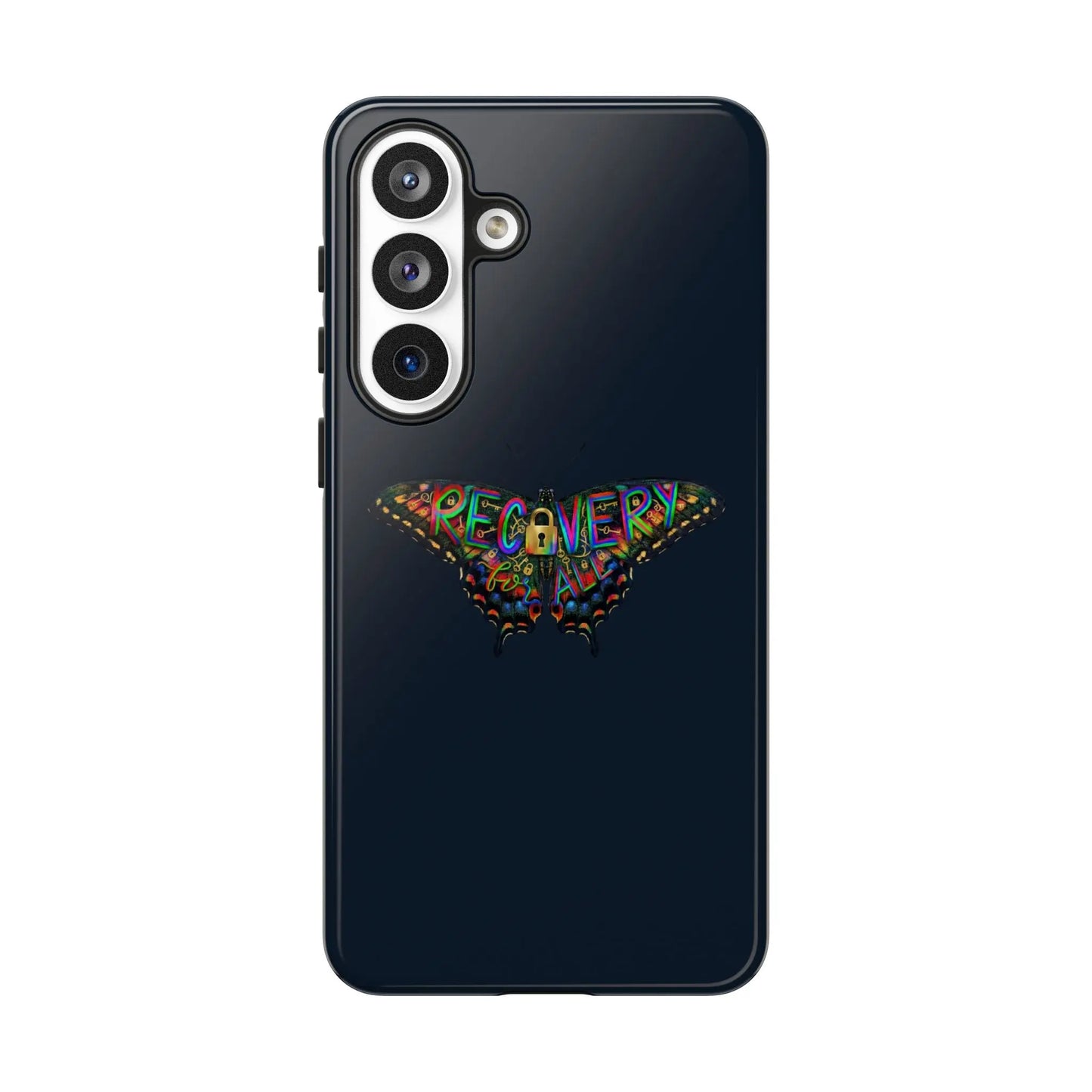 Black phone case with colorful 'RECOVERY' design on a white background