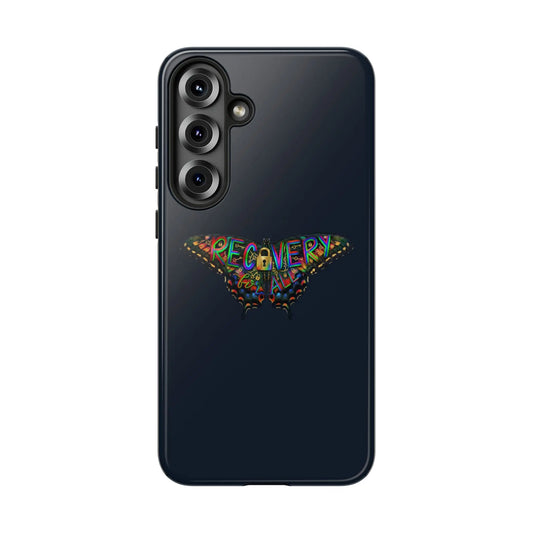 Black phone case with colorful 'RECOVERY' design on a white background