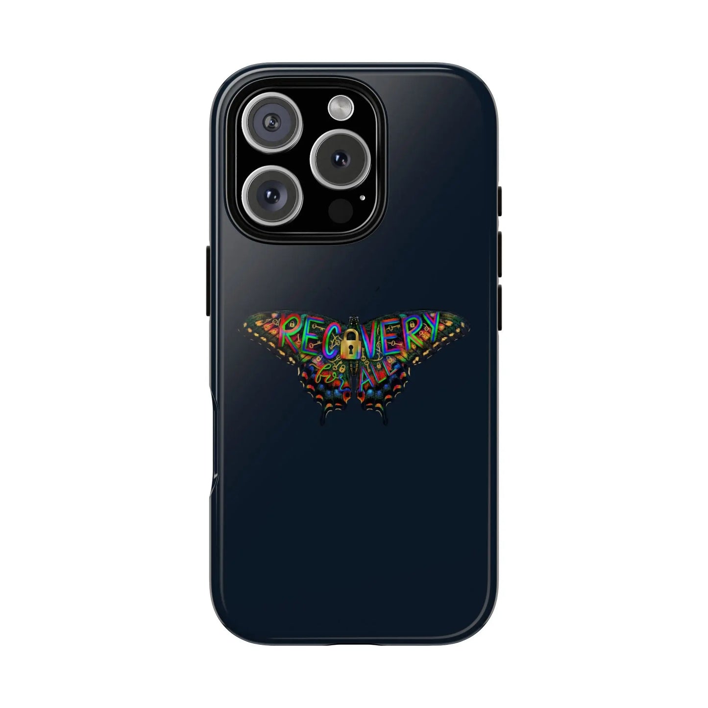 Black phone case with colorful 'RECOVERY' design on a white background