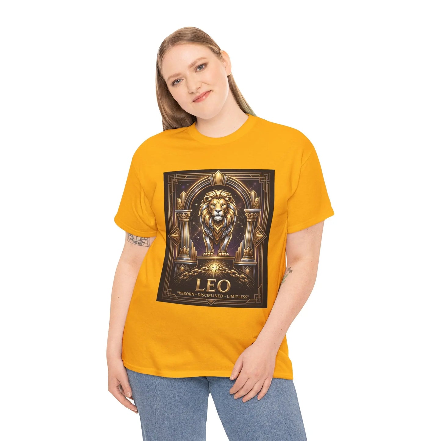 Leo Zodiac Lion T‑Shirt — Gold Heraldic Astrology Tee Printify