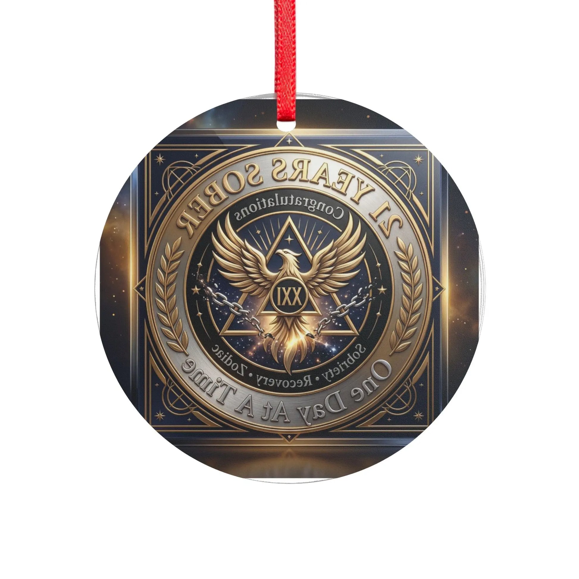 Round-shaped 21 Years Sober acrylic ornament with intricate gold eagle crest and red hanging ribbon, custom AA anniversary recovery milestone keepsake gift shipped across the USA.