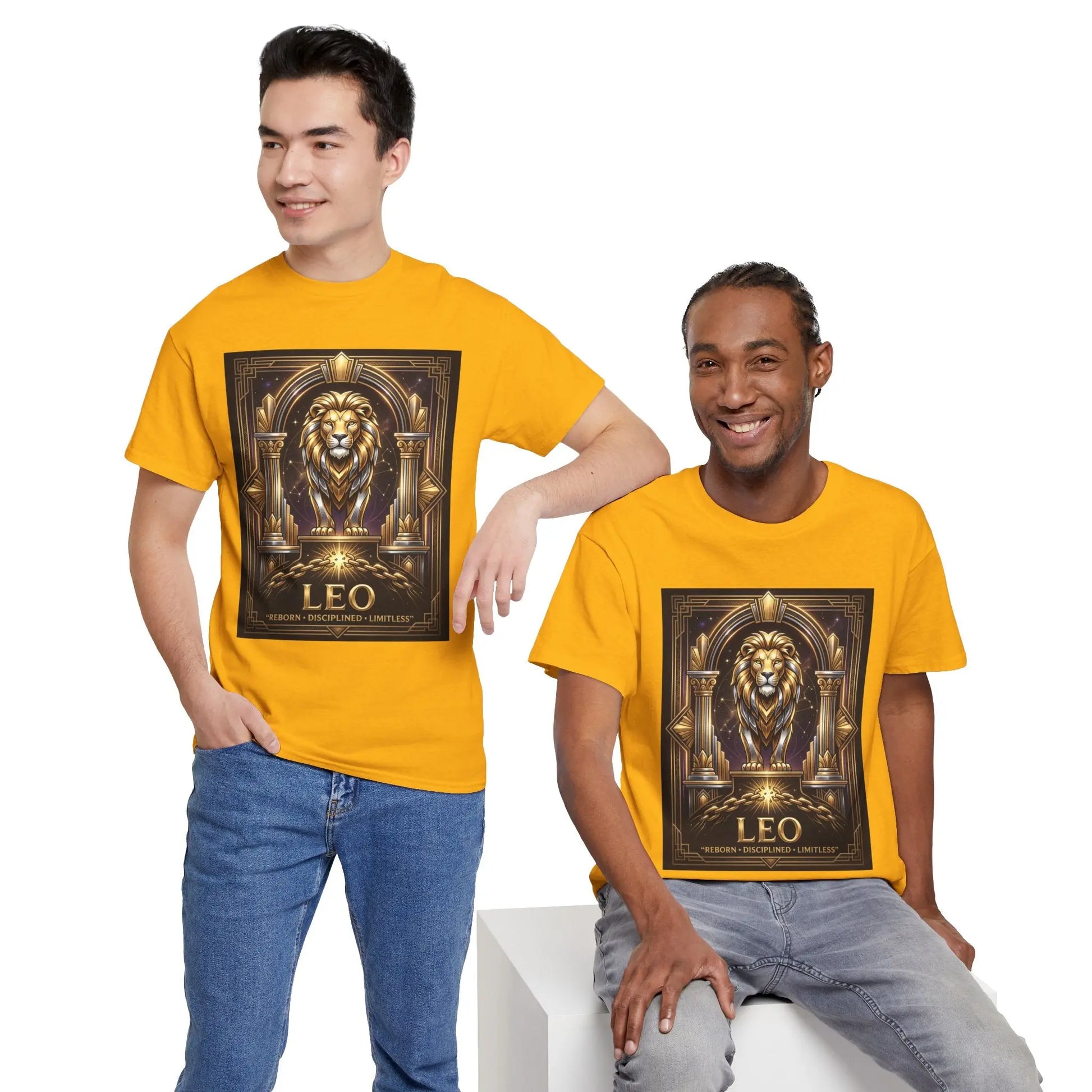 Leo Zodiac Lion T‑Shirt — Gold Heraldic Astrology Tee Printify