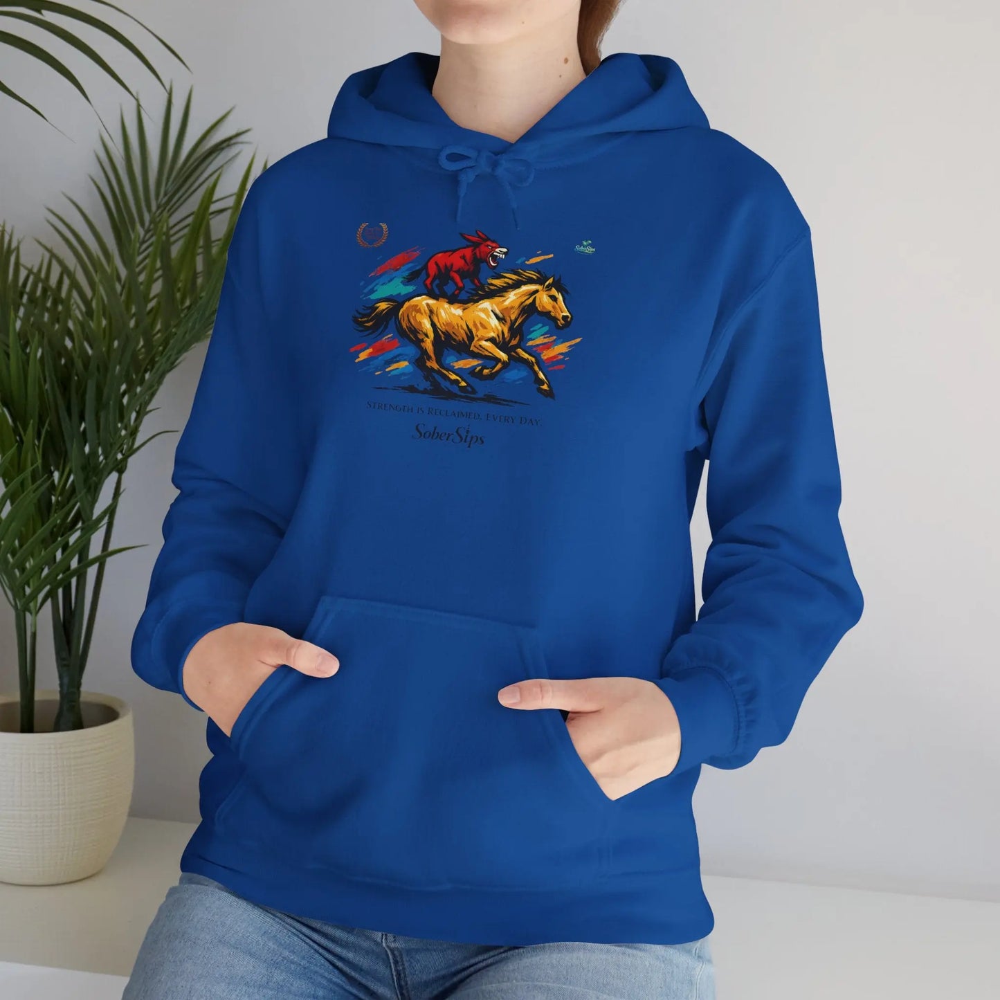 Horse Rider Graphic Hoodie — "SoberSips, Happy Lips" Coffee Backprint Printify
