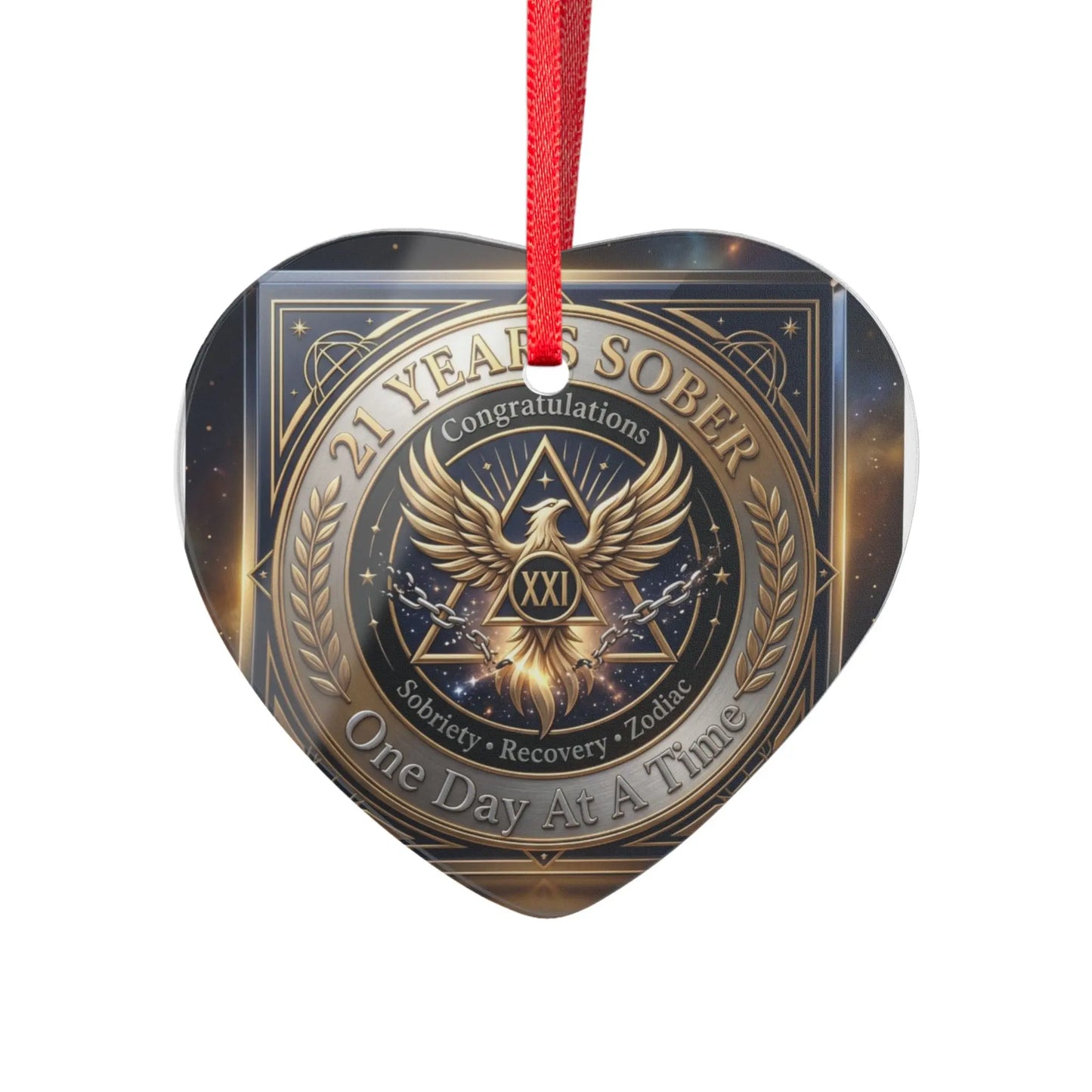 21 Year Sober Acrylic Ornament with red ribbon by SoberSips, premium AA sobriety milestone anniversary keepsake gift shipped across the USA.