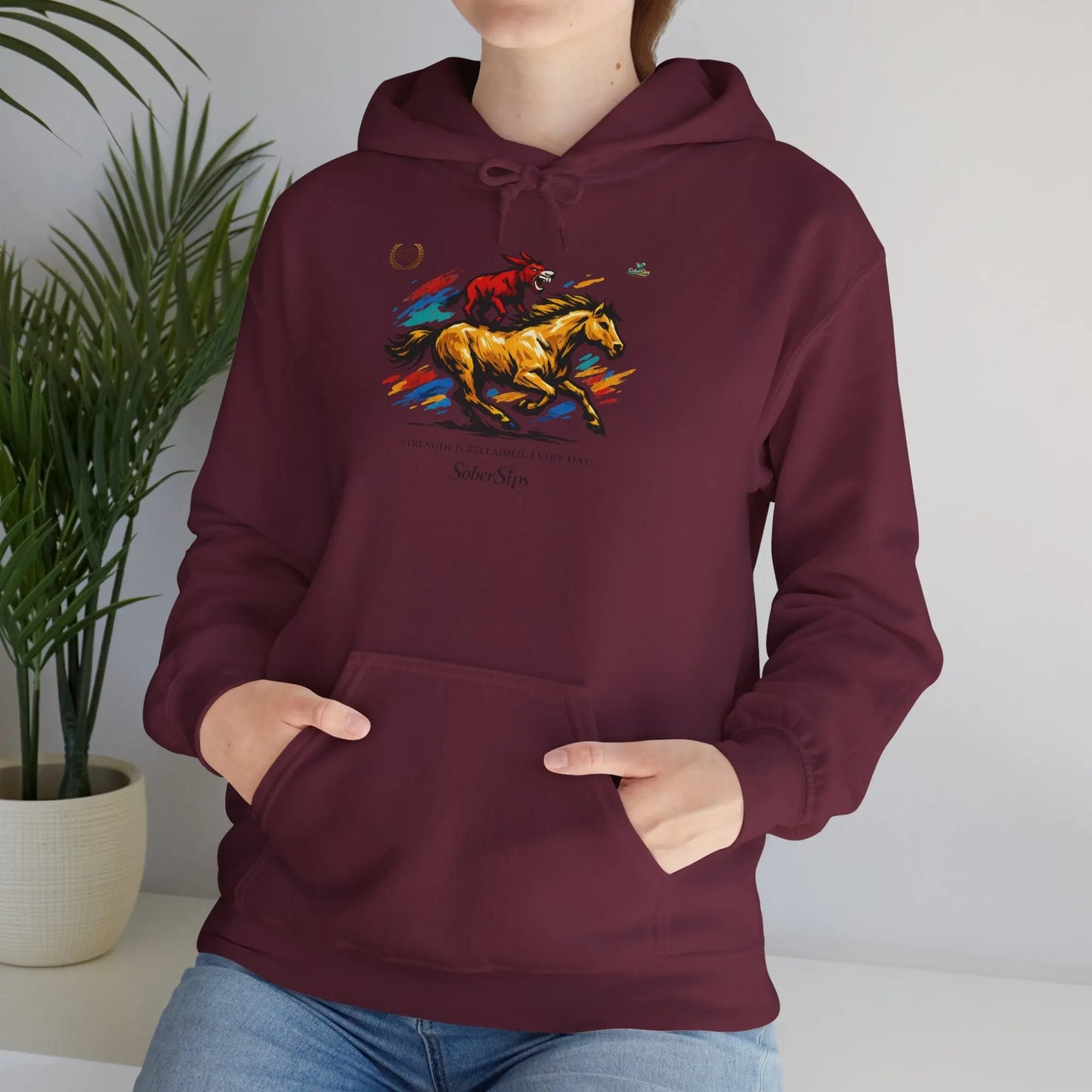 Horse Rider Graphic Hoodie — "SoberSips, Happy Lips" Coffee Backprint Printify