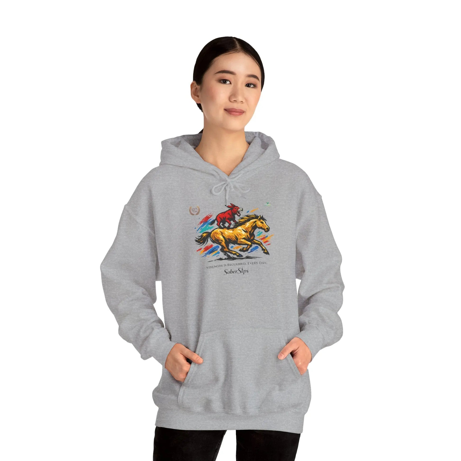 Horse Rider Graphic Hoodie — "SoberSips, Happy Lips" Coffee Backprint Printify