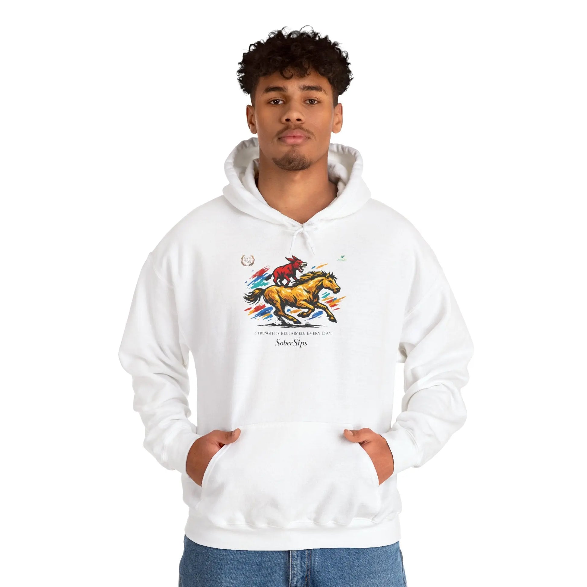 Horse Rider Graphic Hoodie — "SoberSips, Happy Lips" Coffee Backprint Printify