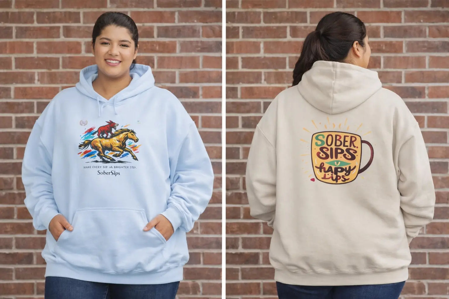 Horse Rider Graphic Hoodie — "SoberSips, Happy Lips" Coffee Backprint Printify