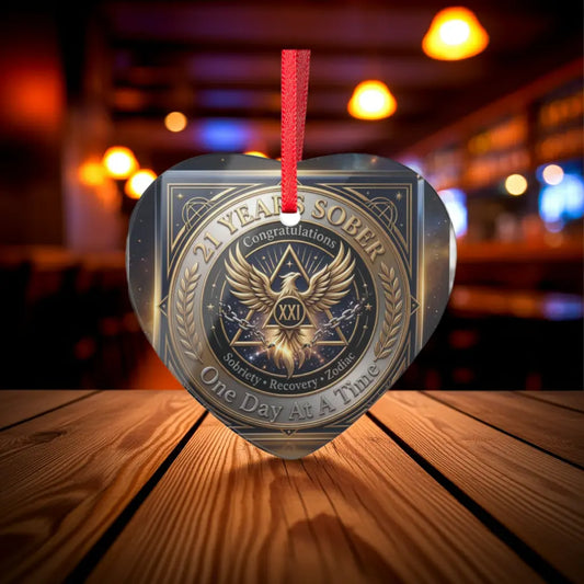 Medallion-shaped 21 years sober anniversary ornament, durable acrylic recovery celebration design, custom crafted for United States customers.